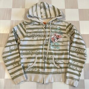 y2k billabong green cream striped floral full zip up hoodie